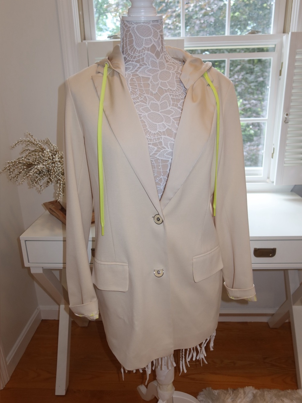 Twinset Actitude Hooded Blazer - Cream with Neon Yellow Trim - Size M